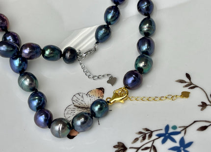 14/16/18/20/22/24 Inches Hand Knotted 9x11-12 mm Rainbow Peacock Color Rice Freshwater Pearl Necklace With Silver or Gold Clasp #P2654
