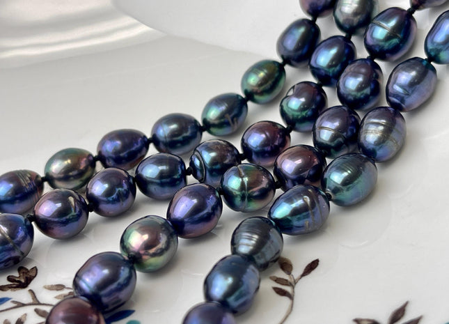 14/16/18/20/22/24 Inches Hand Knotted 9x10-11 mm Rainbow Peacock Color Rice Freshwater Pearl Necklace With Silver or Gold Clasp #P2653