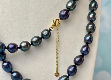 14/16/18/20/22/24 Inches Hand Knotted 9x11-12 mm Rainbow Peacock Color Rice Freshwater Pearl Necklace With Silver or Gold Clasp #P2654