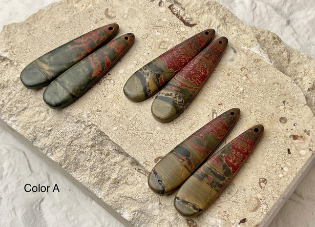 One Pair 12x45 mm Natural Red Creek Jasper Gemstone Top Drilled Long Teardrop Cabochon Matching Red Color Gemstone Earring Pendant #3340
