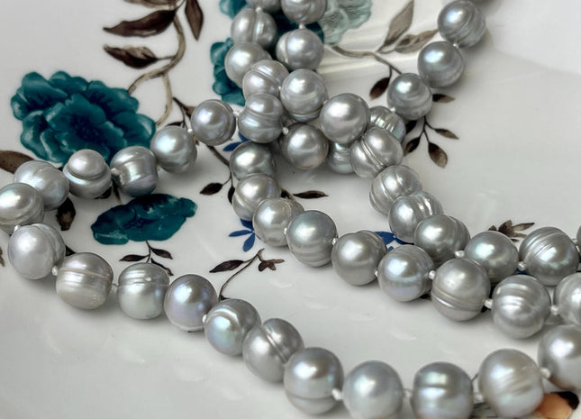 54 inch Hand Knotted Freshwater Pearl Necklaces 9-10mm Ringed Genuine Gray Freshwater Pearls Long Gray Pearl Necklace #299