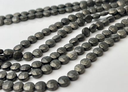 6 mm Micro Faceted Diamond Cut Pyrite Flat Coin Disc Shape Gemstone Beads Genuine Natural Gray and Golden Black Color 15 Inches Strand #4480