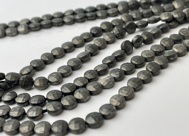 6 mm Micro Faceted Diamond Cut Pyrite Flat Coin Disc Shape Gemstone Beads Genuine Natural Gray and Golden Black Color 15 Inches Strand #4480