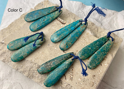 One Pair 12x45 mm Natural Impression Jasper Gemstone Top Drilled Long Teardrop Cabochon Matching Blue Color Gemstone Earring Pendant #3347