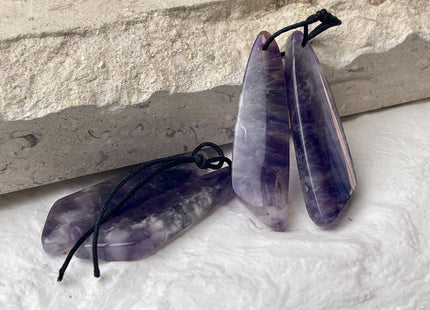 One Pair 12x44 mm Natural Amethyst Top Drilled Freeform Cabochon Long Drop Matching Leaf Shape Mixed Purple Gemstone Earring Pendant #3352
