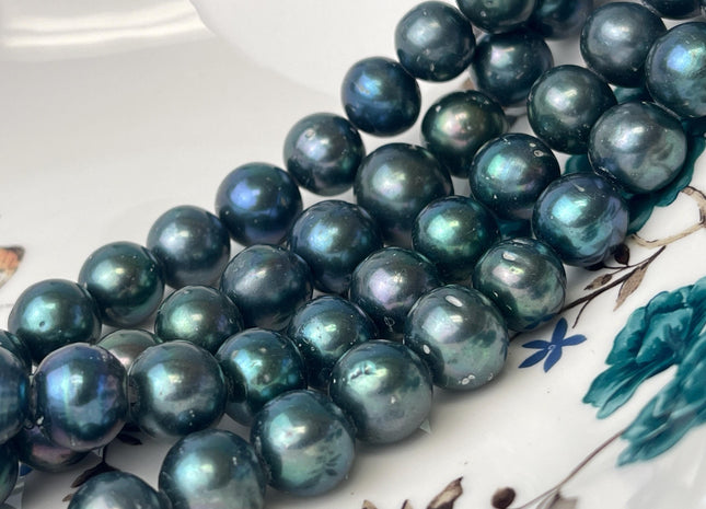11-12x13-15 mm AA Large Hole Half Strand Green Peacock Round Edison Freshwater Pearls Hole Size 2.1mm Genuine Edison Pearl 16 Pieces #P2584