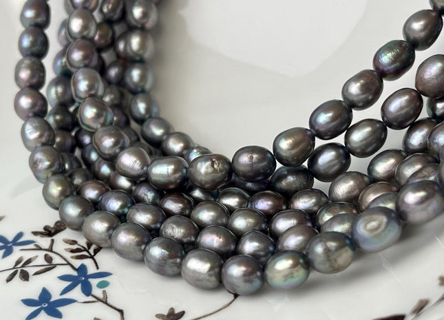 7x8 mm Dark Gray Rice/Oval Freshwater Pearl Genuine Freshwater Pearl Beads #P2589