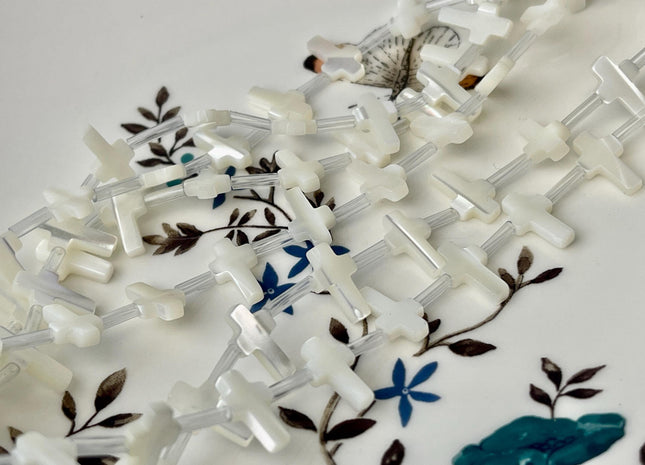 7x12 mm Cross Shape Natural Mother of Pearl Gemstone Beads Genuine MOP Gemstones Loose Beads 15.5 Inches Strand 30 Pieces #4491