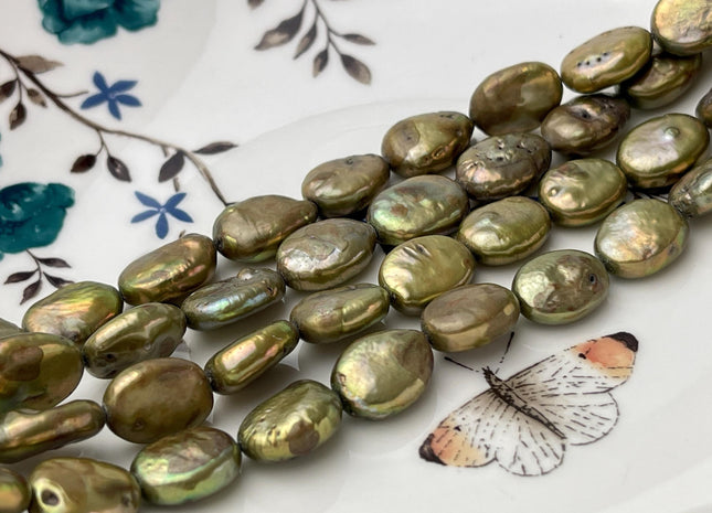 10-11x14-15 mm Green Oval Coin Pearls Genuine Freshwater Oval Pearl B Grade #P2656