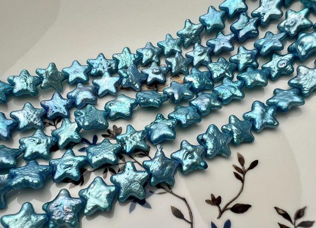 12 mm AA Very Rare Cyan Blue Star Shape Freshwater Coin Pearl Beads Genuine High Luster Star Coin Pearl 33 Pieces #P2669
