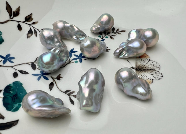 One-Of-A-Kind 13-16x18-30 mm AAAA Gray Color Baroque Pearl Super High Luster Half Drilled Tear Drop Baroque Pearl W/Iridescent Color #P2672