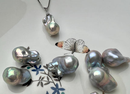 One-Of-A-Kind 13-16x18-30 mm AAAA Gray Color Baroque Pearl Super High Luster Half Drilled Tear Drop Baroque Pearl W/Iridescent Color #P2672