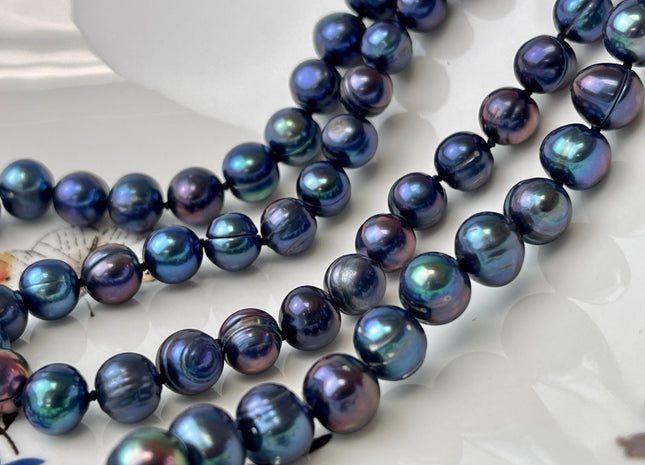 14/16/18/20/22/24 Inches Hand Knotted 9 mm Rainbow Peacock Color Potato Freshwater Pearl Necklace With Silver or Gold Clasp #P2637