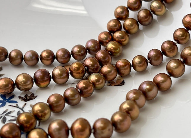 14/16/18/20/22/24 Inches Hand Knotted 7-8 mm AA Golden Brown Color Potato Freshwater Pearl High Luster Necklace W/ Silver/Gold Clasp #P2638