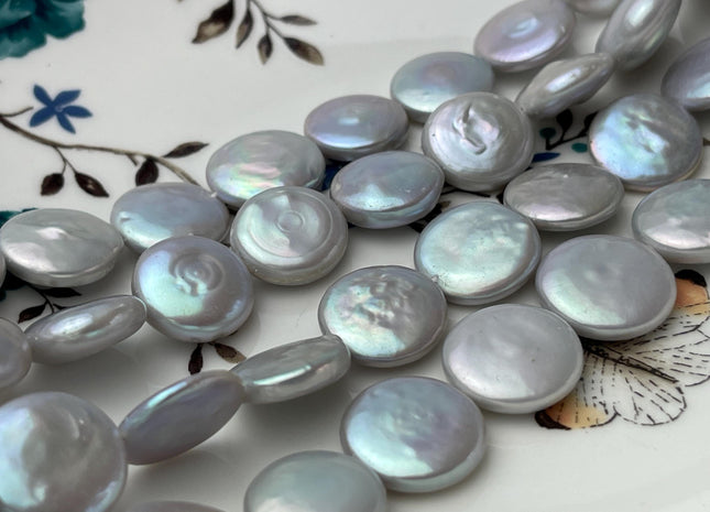 15-16mm AAAA High Luster Gray Flat Round Coin Pearl Genuine Freshwater Pearl Beads #P2647