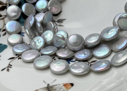 15-16mm AAAA High Luster Gray Flat Round Coin Pearl Genuine Freshwater Pearl Beads #P2647