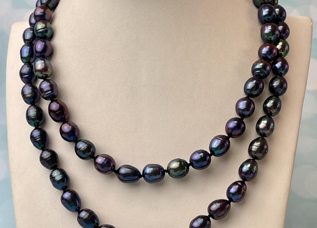14/16/18/20/22/24 Inches Hand Knotted 9x10-11 mm Rainbow Peacock Color Rice Freshwater Pearl Necklace With Silver or Gold Clasp #P2653