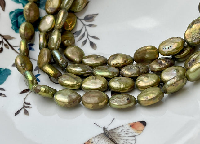 10-11x14-15 mm Green Oval Coin Pearls Genuine Freshwater Oval Pearl B Grade #P2656
