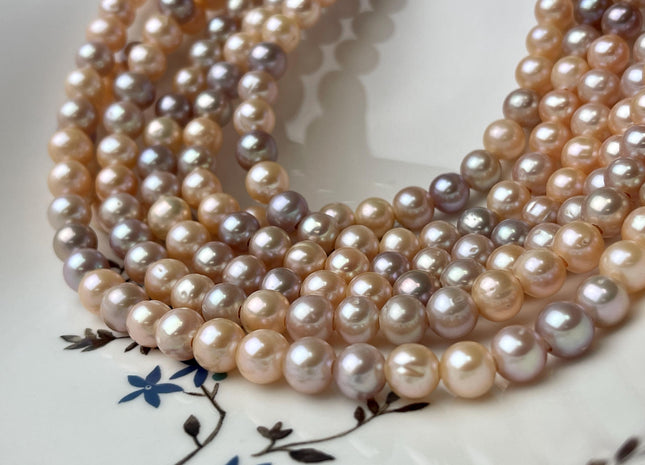 8 mm AAA Half/Full Strand Large Hole Natural Multi White and Pink Round Freshwater Pearl Beads Hole Size 2.2 mm #P2646
