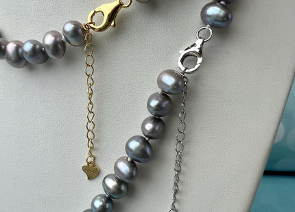 14/16/18/20/22/24 Inches Hand Knotted 7-8 mm AA Gray Color Potato Freshwater Pearl High Luster Necklace W/ Silver/Gold Clasp #P2673