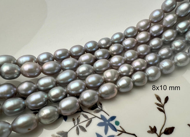 8x9-10 mm AAA Gray Color Rice/Oval Large Hole Freshwater Pearl Beads Hole Size 2.1 mm Genuine High Luster Rice Pearls #P2674