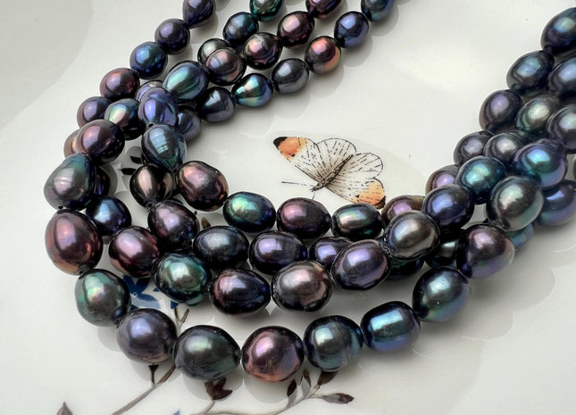 8.5-9x10-12 mm AA Peacock Large Hole Full Strand Freshwater Rice/Oval Pearl Beads Hole Size 1.2mm 1.5mm 2.0mm #P2679