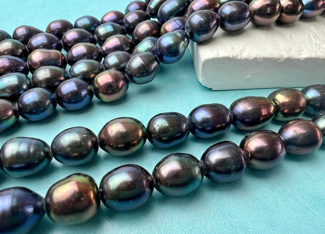 8.5-9x10-12 mm AA Peacock Large Hole Full Strand Freshwater Rice/Oval Pearl Beads Hole Size 1.2mm 1.5mm 2.0mm #P2679