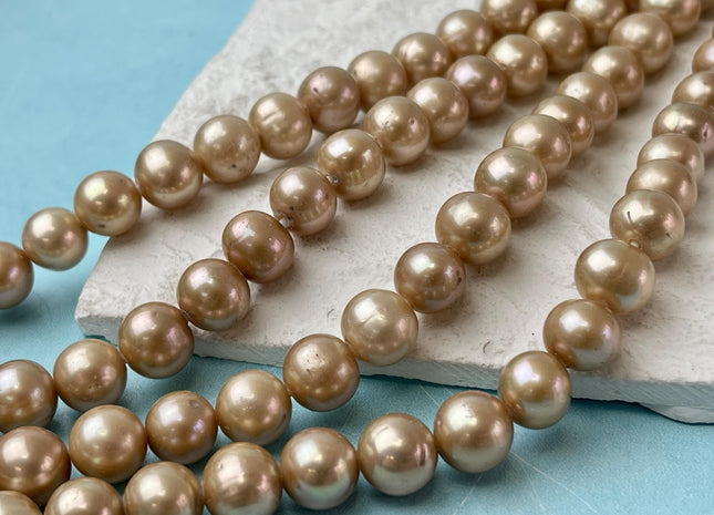 10mm Large Hole Off Round Gold Champagne Freshwater Pearl Beads Hole Size 1.5mm 2.2mm Genuine Freshwater Pearls 40 Beads #P2699