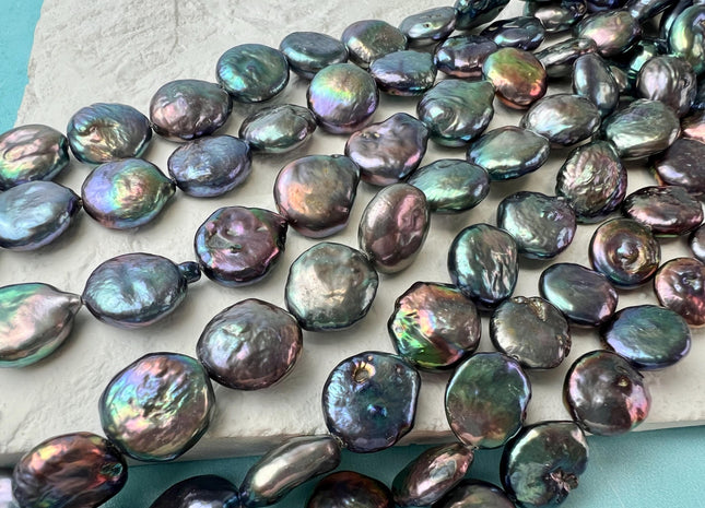 12-13 mm AA Rainbow Peacock Color Coin Freshwater Pearl Beads Genuine High Luster Cultured Freshwater Coin Pearls 31 Beads #P2722