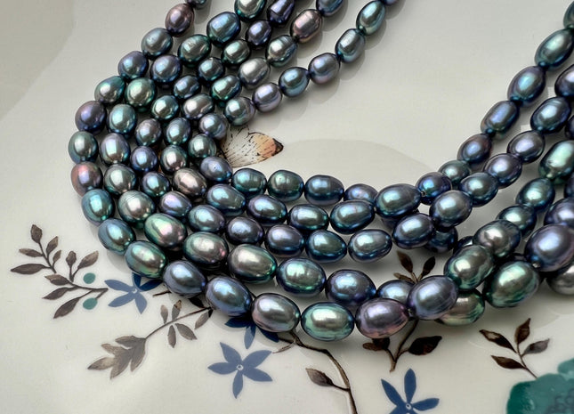 6-7x7-9 mm AAA Blue Rainbow Peacock Color Rice Freshwater Pearls Genuine High Luster Peacock Rice Freshwater Pearls #P2720