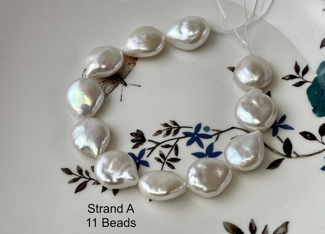13-14x16-20mm AAAA Half Strand High Luster Natural White Tear Drop Flat Coin Freshwater Pearl Beads Genuine White Coin Pearls #P2731
