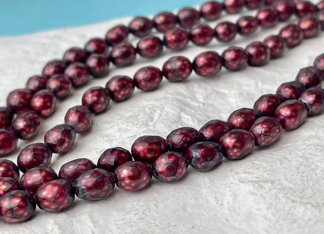 7x8-9mm AA Dark Red/Burgundy Color Faceted Rice Oval Freshwater Pearl Beads Genuine Freshwater Pearls #P2732