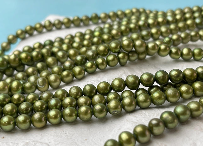 5.5-6 mm AA Sage Green Color Potato Freshwater Pearl Beads Genuine High Luster Green Off Round Pearls #P2689