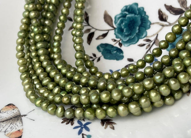 5.5-6 mm AA Sage Green Color Potato Freshwater Pearl Beads Genuine High Luster Green Off Round Pearls #P2689