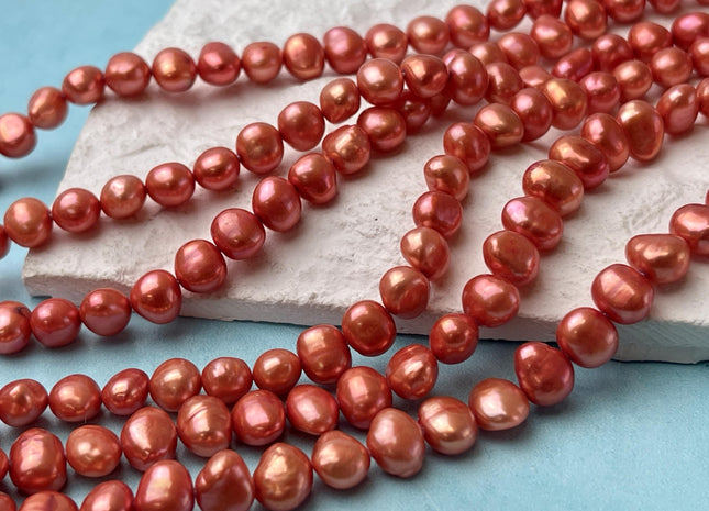 7-8 mm AA Orange Pink Color Potato Nugget Freshwater Pearl Beads Genuine High Luster Freshwater Pearls #P2749