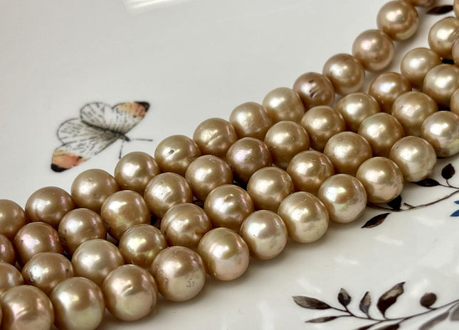 10mm Large Hole Off Round Gold Champagne Freshwater Pearl Beads Hole Size 1.5mm 2.2mm Genuine Freshwater Pearls 40 Beads #P2699