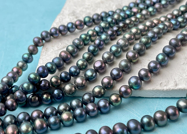 5-6 mm AA Blue Rainbow Peacock Color Freshwater Potato Pearl Beads Genuine High Luster Small Semi Round Pearl #P2717