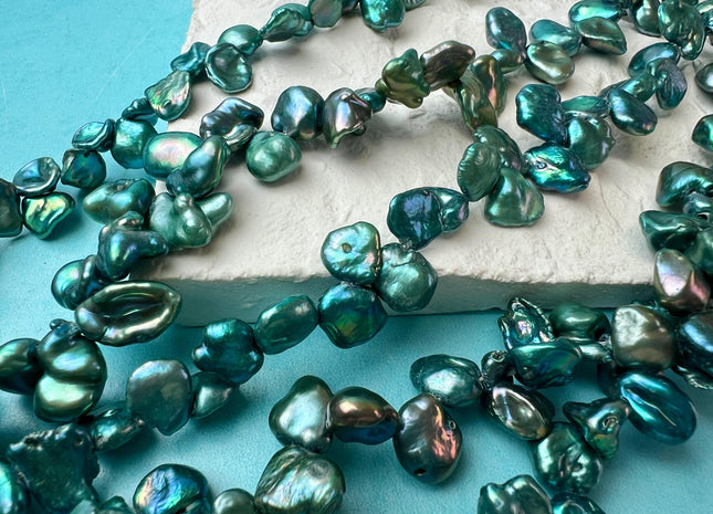 8-9x10 mm AAA Rare High Luster Teal Green Color Keshi Freshwater Pearl Beads Genuine Top Drilled Green Keshi Dancing Pearl Beads #P2725