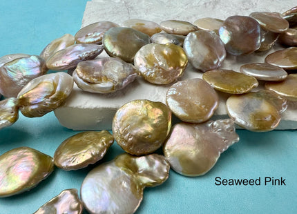 19-21mm Natural White OR Seaweed Large Coin Freshwater Pearl Beads, Large Irregular Flat Beads, Genuine Cultured Coin Pearls #219