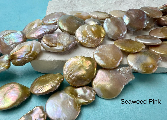 19-21mm Natural White OR Seaweed Large Coin Freshwater Pearl Beads, Large Irregular Flat Beads, Genuine Cultured Coin Pearls #219