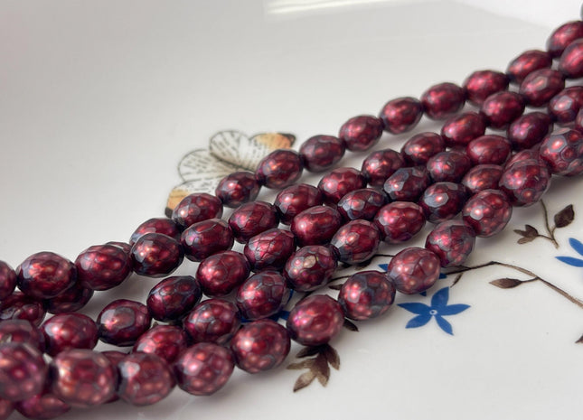 7x8-9mm AA Dark Red/Burgundy Color Faceted Rice Oval Freshwater Pearl Beads Genuine Freshwater Pearls #P2732