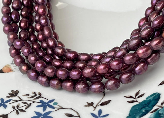 6x7-8 mm Burgundy Red Color Rice/Oval Freshwater Pearl Beads Genuine Freshwater Pearls 50 Beads #P2763