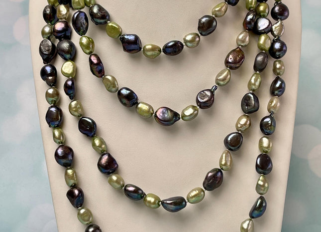 64 inches 8-9x-10-11 mm Genuine Pearl Necklace Bridal Pearl Long Necklace Mixed Green Peacock Pearl Necklace #P2781