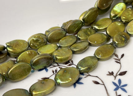 10x15-17 mm Sage Green Oval Coin Pearl Genuine Freshwater Coin Pearl Green Coin With Gold Sheen Pearl #P2787