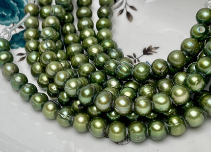 9-10 mm AA Olive Green Large Hole Half Strand Freshwater Potato Pearls Hole Size 2.1mm 22 Beads #P2786