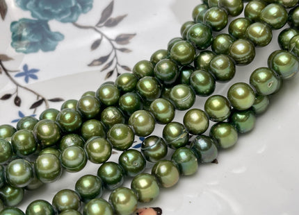 9-10 mm AA Olive Green Large Hole Half Strand Freshwater Potato Pearls Hole Size 2.1mm 22 Beads #P2786