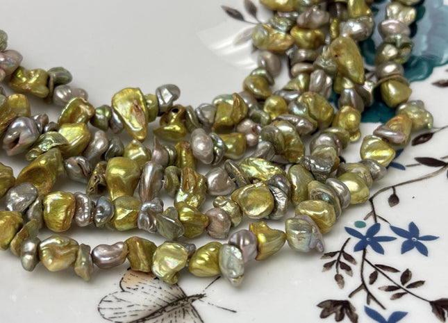 8-10 mm Green Champagne Keshi Freshwater Pearl Beads Genuine Center Drilled Rondelle Disc Pearl Beads #P2791