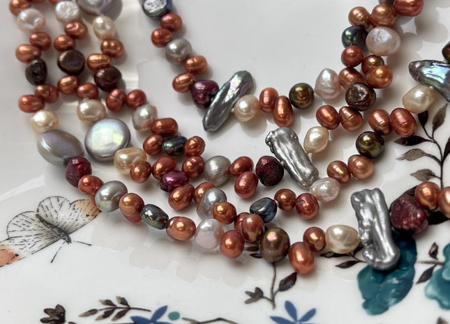 72 inches Mixed Coin Keshi Biwa Potato Pearl Finished Necklace Brown Red Gold Long Neckace Genuine Pearl Necklace #P2790-D
