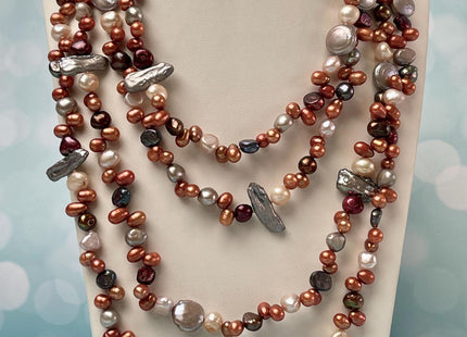 72 inches Mixed Coin Keshi Biwa Potato Pearl Finished Necklace Brown Red Gold Long Neckace Genuine Pearl Necklace #P2790-D