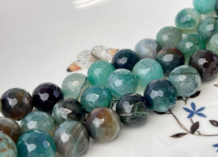 14mm Faceted Round Fire Agate Gemstone Beads Heat Treated Brown Auqa Green Jumbo Size Agate 15.5 Inches Strand #4513